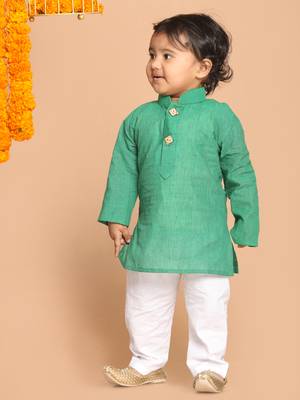 Infant  Teal Green And White Pure Cotton Kurta Pyjama Set 2