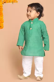 Infant  Teal Green And White Pure Cotton Kurta Pyjama Set