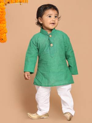 Infant  Teal Green And White Pure Cotton Kurta Pyjama Set 3