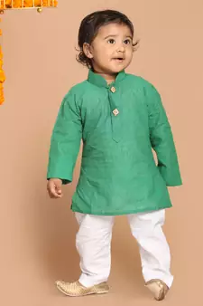 Infant  Teal Green And White Pure Cotton Kurta Pyjama Set