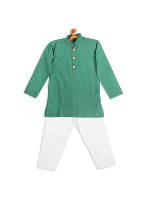 Infant  Teal Green And White Pure Cotton Kurta Pyjama Set 4