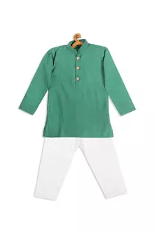 Infant  Teal Green And White Pure Cotton Kurta Pyjama Set