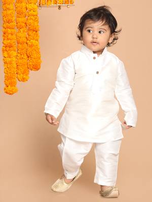 Infant  White Silk Blend Kurta Pyjama Set 1