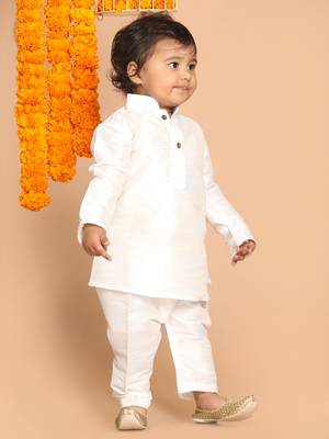 Infant  White Silk Blend Kurta Pyjama Set 3