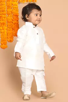 Infant  White Silk Blend Kurta Pyjama Set
