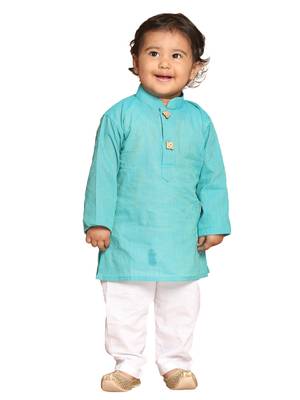 Infant  Cyan And White Pure Cotton Kurta Pyjama Set 1