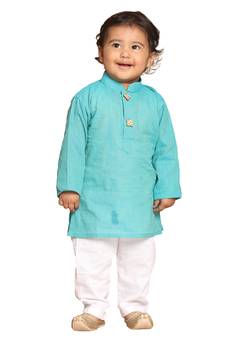 Infant Boys Cyan And White Pure Cotton Kurta Pyjama Set