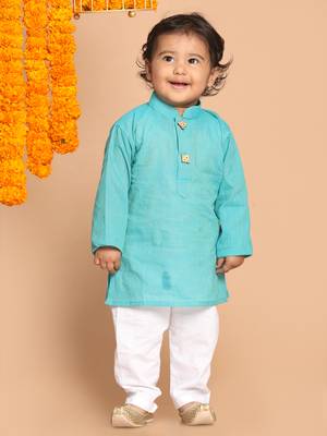 Infant  Cyan And White Pure Cotton Kurta Pyjama Set 2