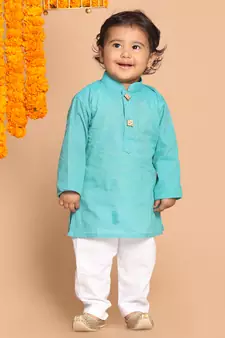 Infant  Cyan And White Pure Cotton Kurta Pyjama Set