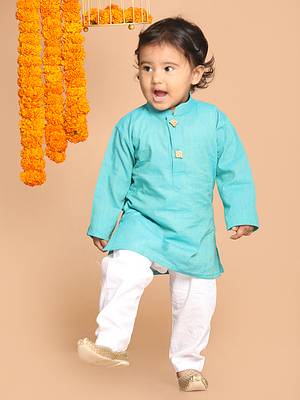 Infant  Cyan And White Pure Cotton Kurta Pyjama Set 3