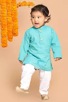 Infant  Cyan And White Pure Cotton Kurta Pyjama Set