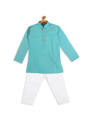 Infant  Cyan And White Pure Cotton Kurta Pyjama Set 4