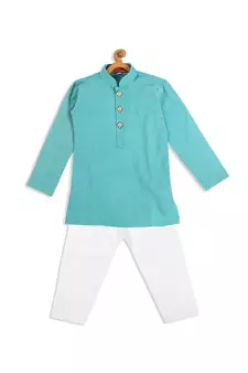 Infant  Cyan And White Pure Cotton Kurta Pyjama Set