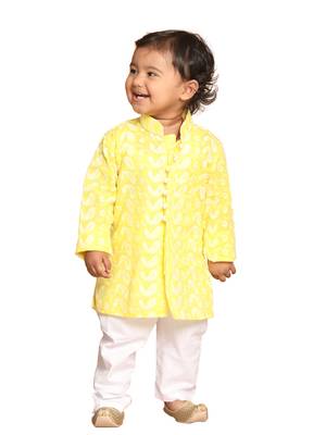 Infant  Mustard And White Pure Cotton Kurta Pyjama Set 1