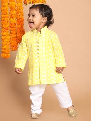 Infant  Mustard And White Pure Cotton Kurta Pyjama Set 2
