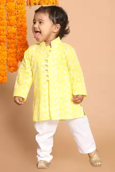 Infant  Mustard And White Pure Cotton Kurta Pyjama Set