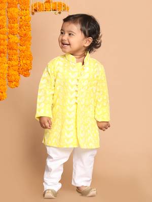 Infant  Mustard And White Pure Cotton Kurta Pyjama Set 3
