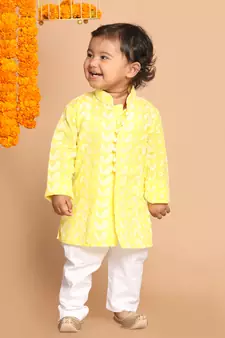 Infant  Mustard And White Pure Cotton Kurta Pyjama Set