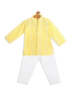 Infant  Mustard And White Pure Cotton Kurta Pyjama Set 4