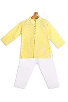 Infant  Mustard And White Pure Cotton Kurta Pyjama Set