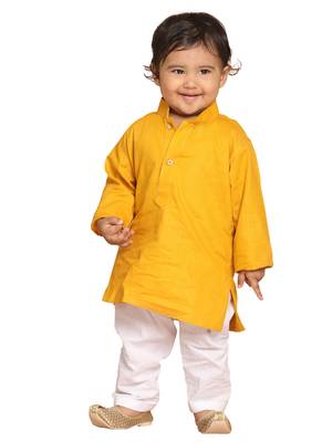 Infant  Mustard And White Cotton Blend Kurta Pyjama Set 1