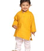 Infant  Mustard And White Cotton Blend Kurta Pyjama Set