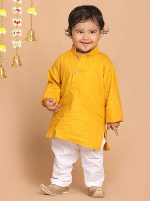 Infant  Mustard And White Cotton Blend Kurta Pyjama Set 2