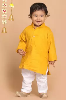Infant  Mustard And White Cotton Blend Kurta Pyjama Set