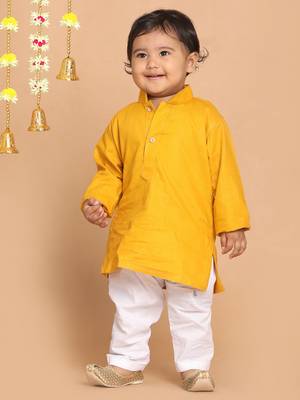 Infant  Mustard And White Cotton Blend Kurta Pyjama Set 3