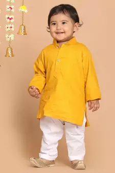 Infant  Mustard And White Cotton Blend Kurta Pyjama Set