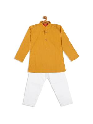 Infant  Mustard And White Cotton Blend Kurta Pyjama Set 4