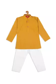 Infant  Mustard And White Cotton Blend Kurta Pyjama Set