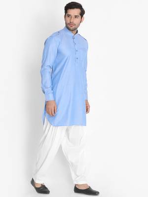 Blue Woven Blended Cotton Pathani-Suits 2