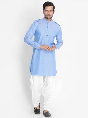 Blue Woven Blended Cotton Pathani-Suits 3