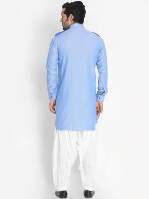 Blue Woven Blended Cotton Pathani-Suits 5
