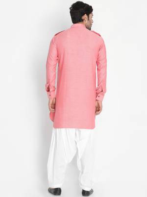 Red woven blended cotton pathani-suits 5