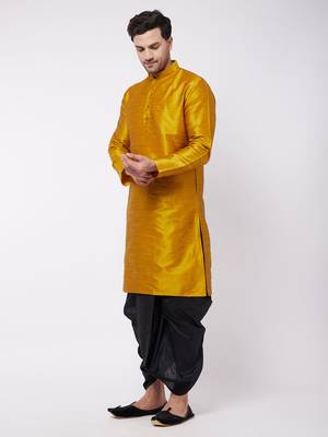 Yellow Plain Silk Blend Dhoti-Kurta 3