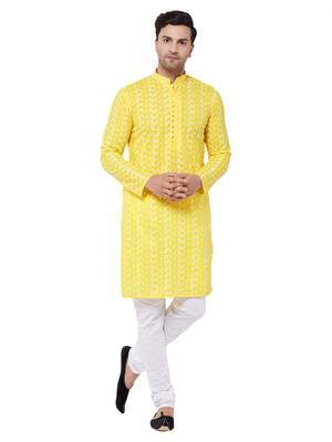 Mustard And White Pure Cotton Kurta Pyjama Set 1