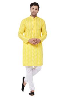 Men'S Mustard And White Pure Cotton Kurta Pyjama Set