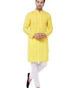 Mustard And White Pure Cotton Kurta Pyjama Set