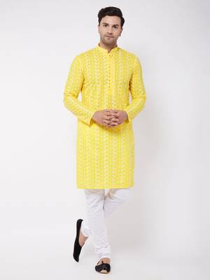 Mustard And White Pure Cotton Kurta Pyjama Set 2