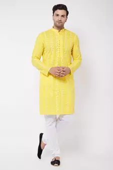 Mustard And White Pure Cotton Kurta Pyjama Set