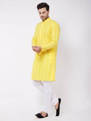 Mustard And White Pure Cotton Kurta Pyjama Set 3