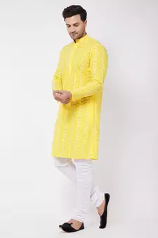 Mustard And White Pure Cotton Kurta Pyjama Set