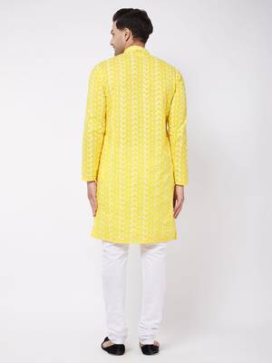 Mustard And White Pure Cotton Kurta Pyjama Set 4