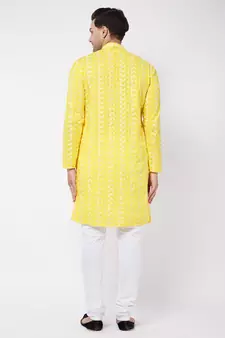 Mustard And White Pure Cotton Kurta Pyjama Set