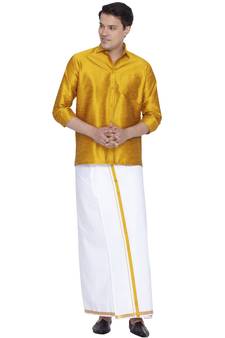 Yellow plain silk blend dhoti-kurta
