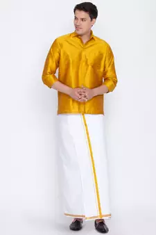 Yellow plain silk blend dhoti-kurta