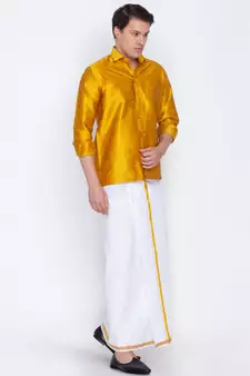 Yellow plain silk blend dhoti-kurta