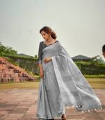 Grey plain linen saree with blouse